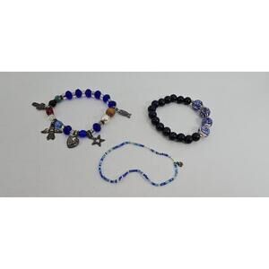 Set of 3 Blue Beaded Charm Bracelets | Coastal Boho Stacking Set